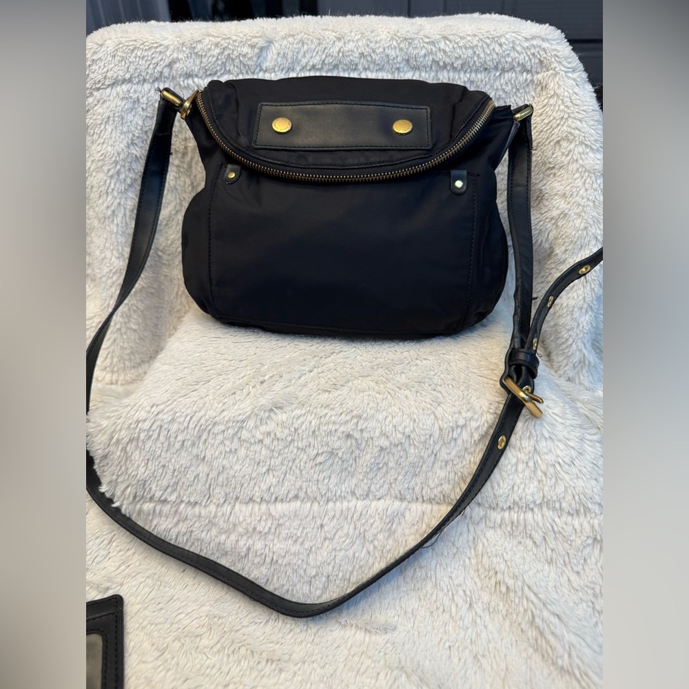 Marc Jacobs Black Nylon Natasha Crossbody Bag, Faux Leather Trim, Gold Hardware